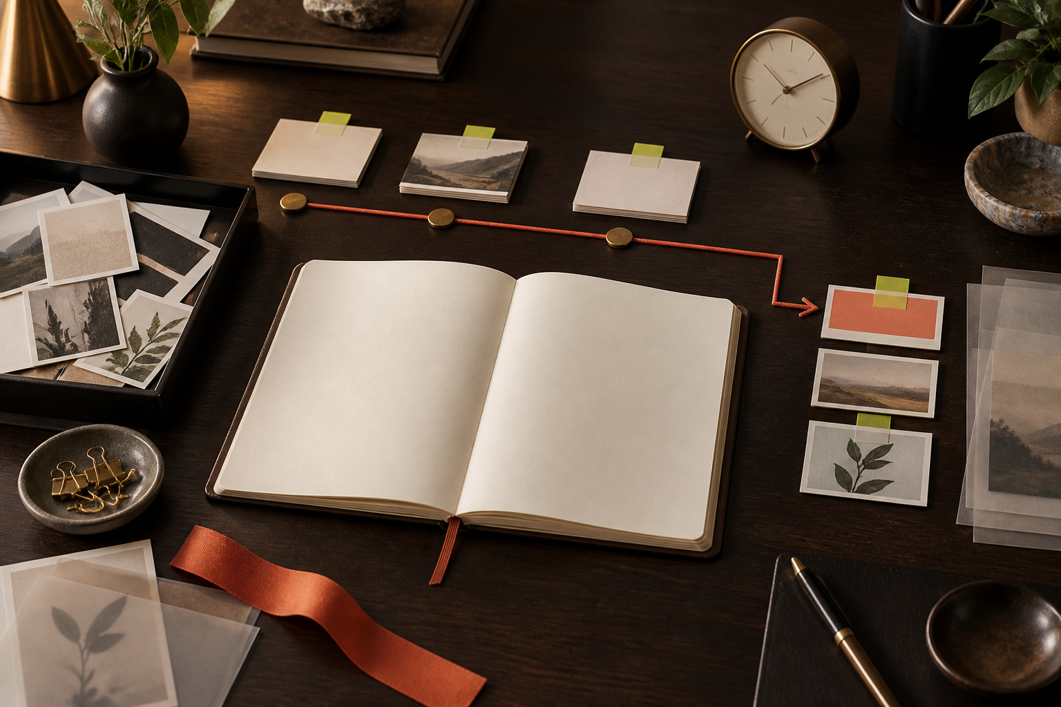 Mesa de trabajo organizada con agenda, tarjetas y ruta operativa
